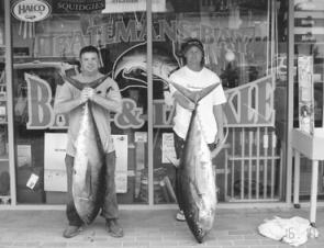It's yellowfin time on the South Coast. Rick Thorn, left, and Mark Marshall from the ACT with a pair of rippers taken on trolled lures.